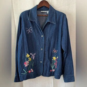 VTG 90s Blair Floral Embroidery Spring Denim Blazer Grannycore Size Large